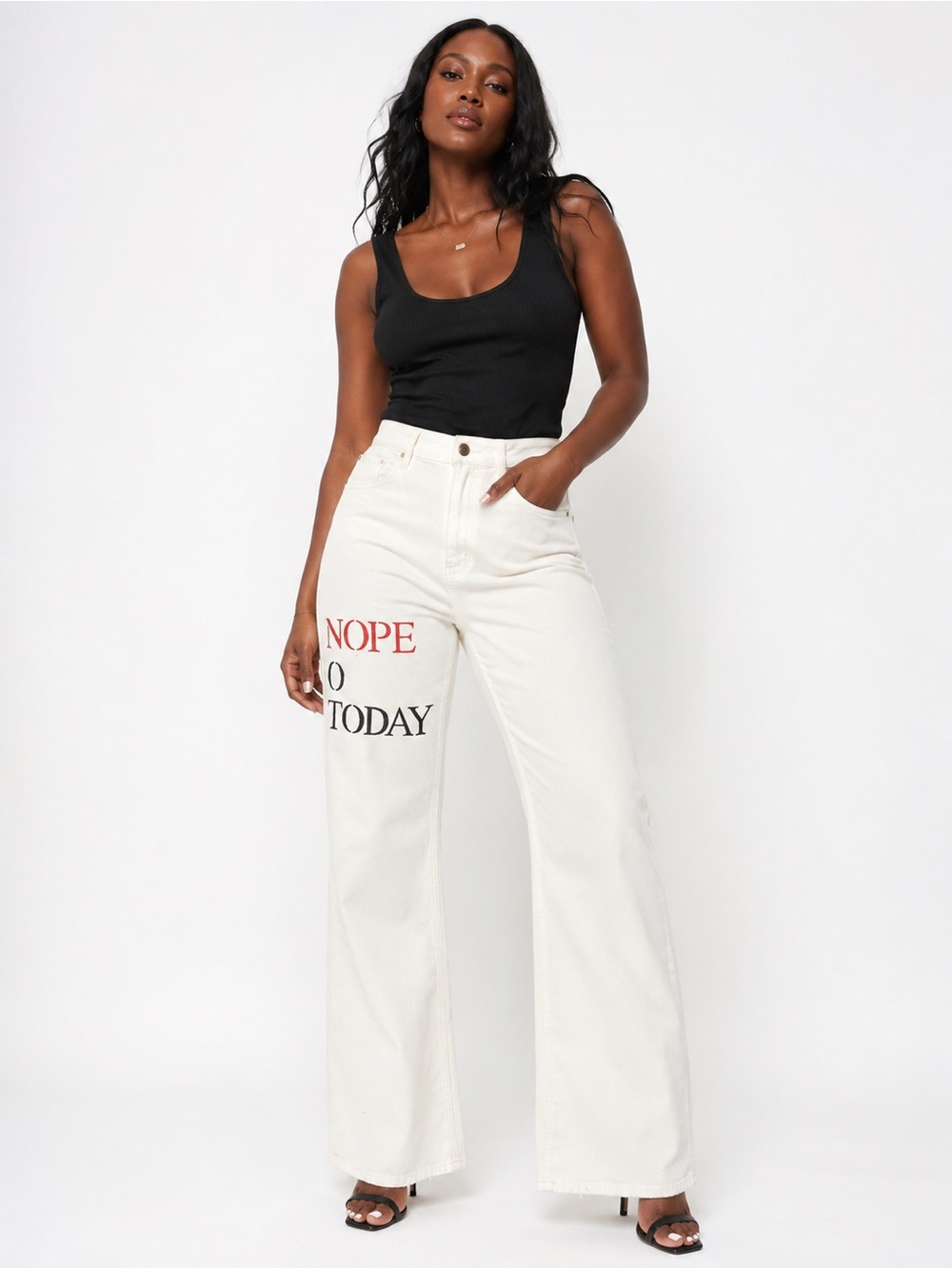 Wrangler White Flare Jeans with 'NOPE NOT TODAY' Hand Painted Graphic